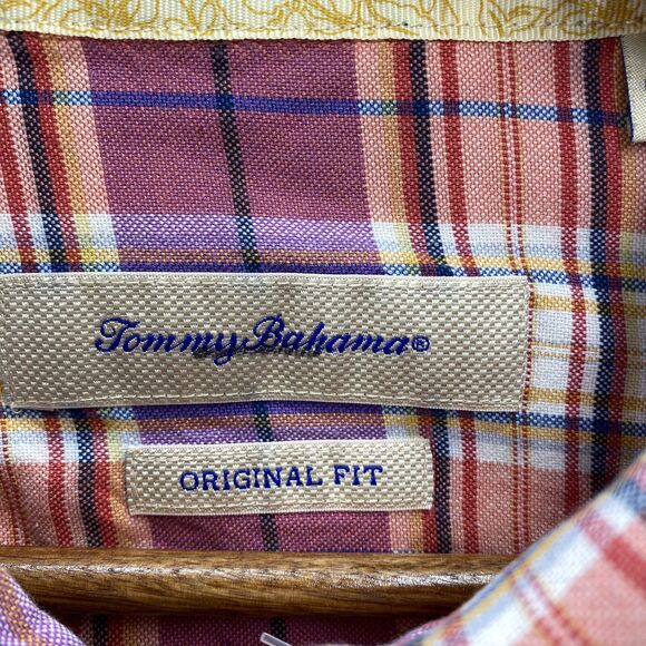 Tommy Bahama Shirt Men Large Pinks Pastel Plaid Loop Collar Silk Preppy Outdoors - Picture 4 of 16
